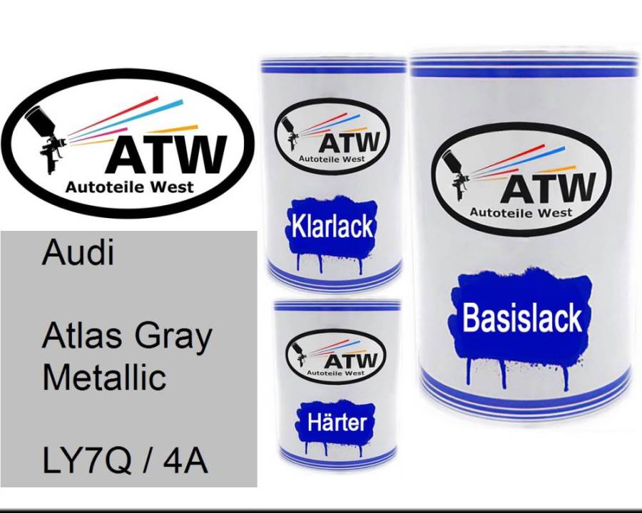 Audi, Atlas Gray Metallic, LY7Q / 4A: 500ml Lackdose + 500ml Klarlack + 250ml Härter - Set, von ATW Autoteile West.